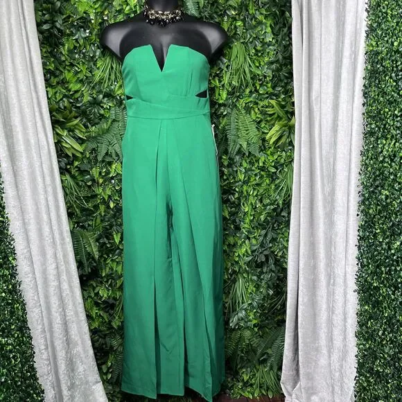 LUXXEL Jumpsuit Women Large Green Pants Pleated Strapless Split Leg Cut Out 2345 - Picture 6 of 10